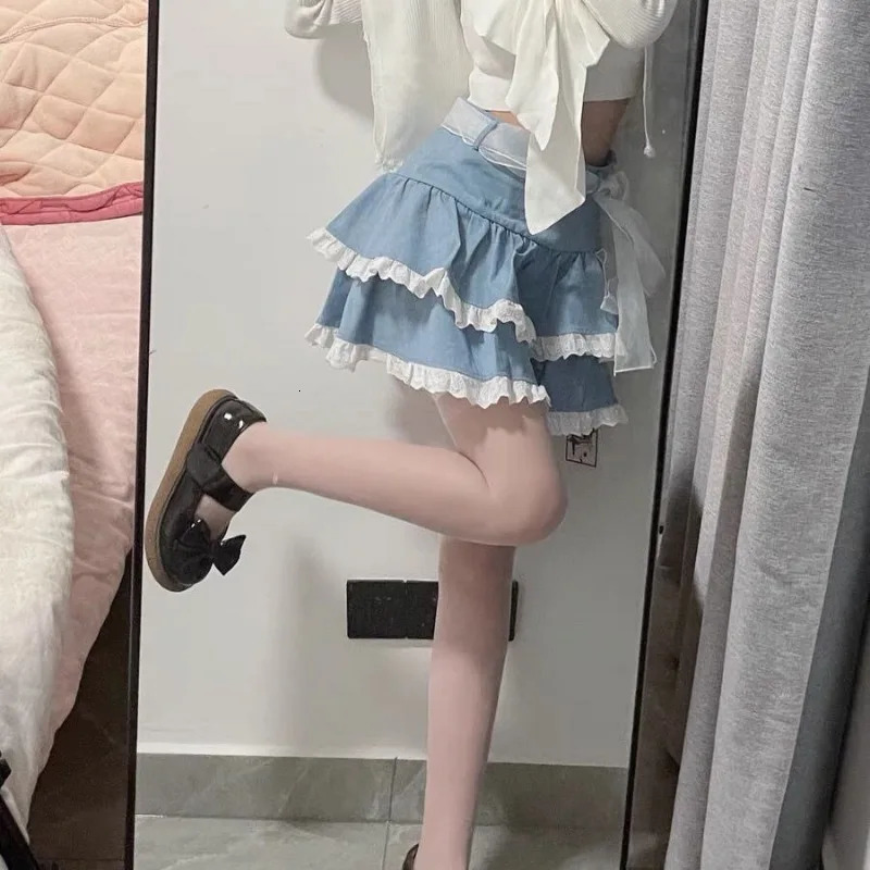 Summer Japanese Y2k Lace Cake Skirt Subculture Girl Demin Pompadour Skirts Layered Ruffle Fluffy Lolita Women Casual Mini 250310