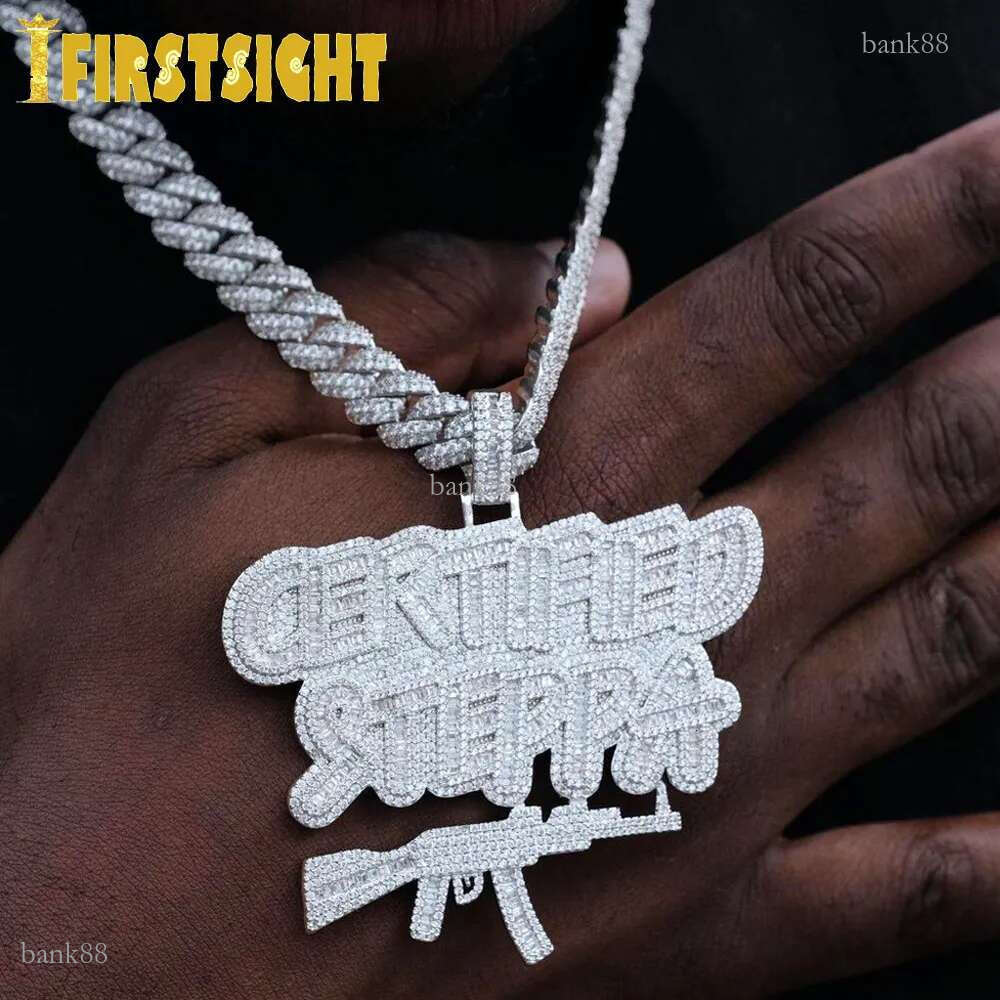 Pendant Necklaces Iced Out Bling Rectangle CZ Letter Certified Steppa Pendant Necklace Cubic Zirconia AK47 Gun Charm Men Fashion Hip Hop Jewelry 23050