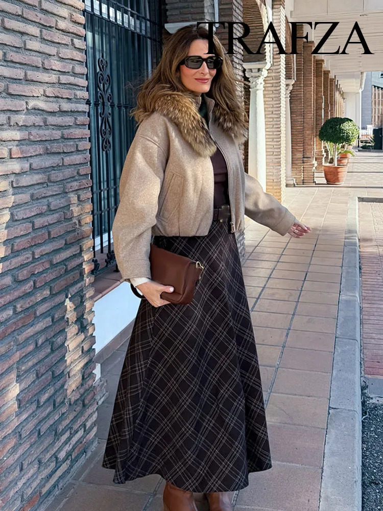 TRAFZA Women Spring Elegant High Waist Plaid Midi Skirt Versatile Pleated Woman Chic Casual Vintage Straight 250310