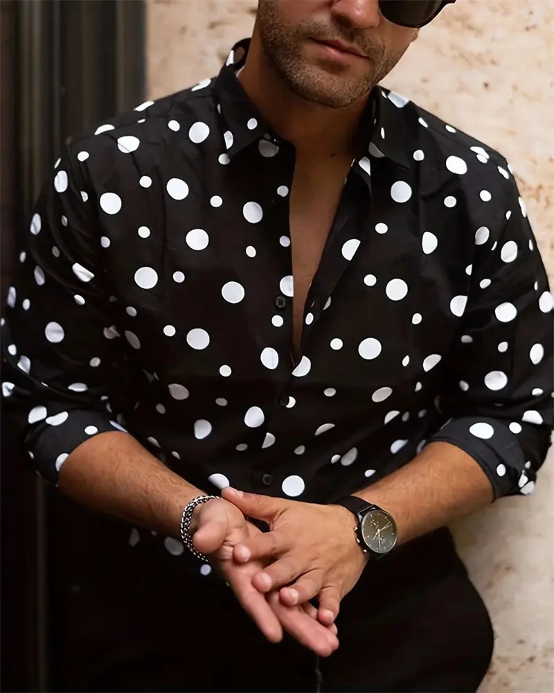 mens long sleeved shirt with polka dot collar long sleeved clothing for formal wear with polka dot printed buttons mens casual shirt 250314