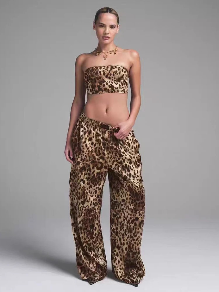 Retro leopard print sexy bust unfolded twopiece set for spring womens clothing high waist wide leg pants fashion 250313
