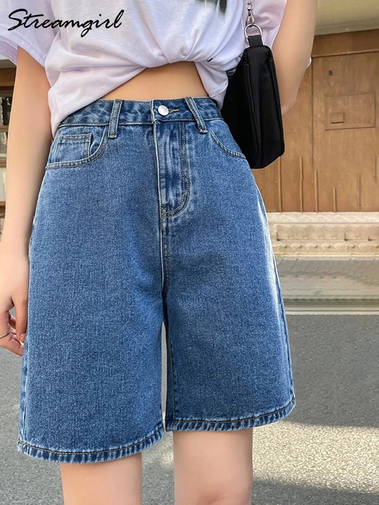 Streamgirl High Waisted Jeans Shorts for Women Retro Denim Shorts Loose Womens Short Straight Jeans Summer 250312
