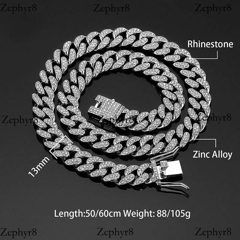 Hip Hop Shiny 13MM k Women Men Sier Color Rhie Iced Out Cuban Chain Punk Jewelry Necklace Gift