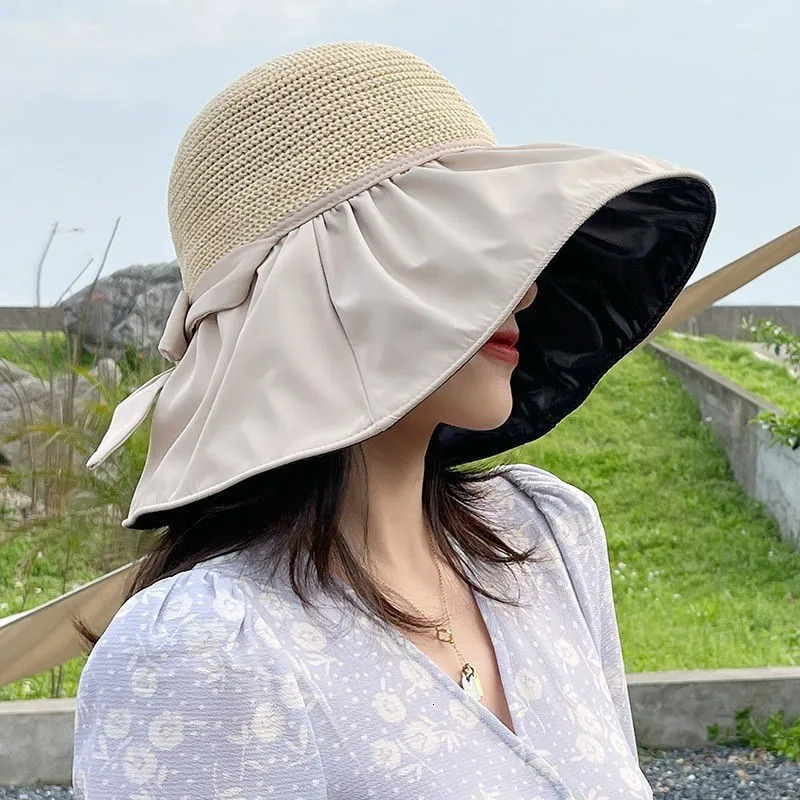Vinyl beach womens summer hollow UV protection big brown facial protection sun bucket hat 250314