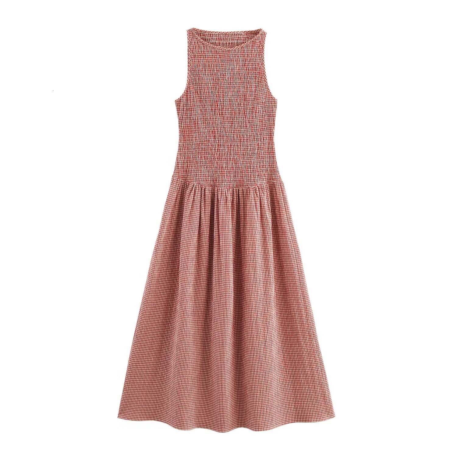 2025 Spring New Product Style: Sleeveless Vest Style Mid Length Skirt Slimming Waist And Plaid Dress With A Drawstring