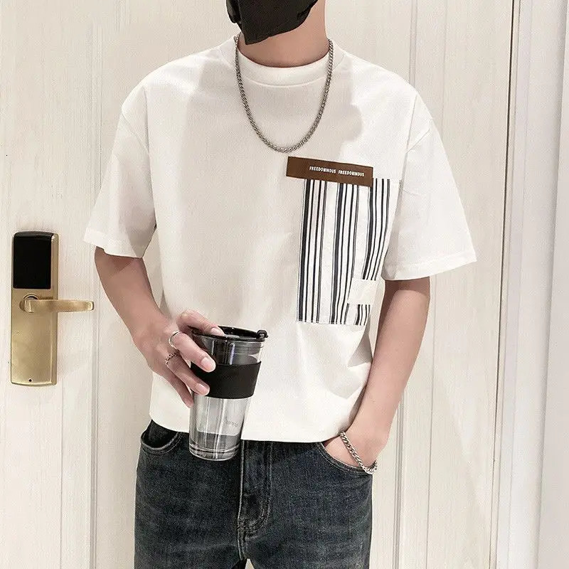 Summer round neck loose casual printed cotton T-shirt mens short sleeved simple full matching pull-out top Hombre Korean fashion T-shirt 250314