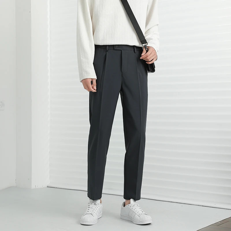 Spring mens suit pants elastic waist solid wide leg dress for office and leisure Japanese chiffon wear 250313