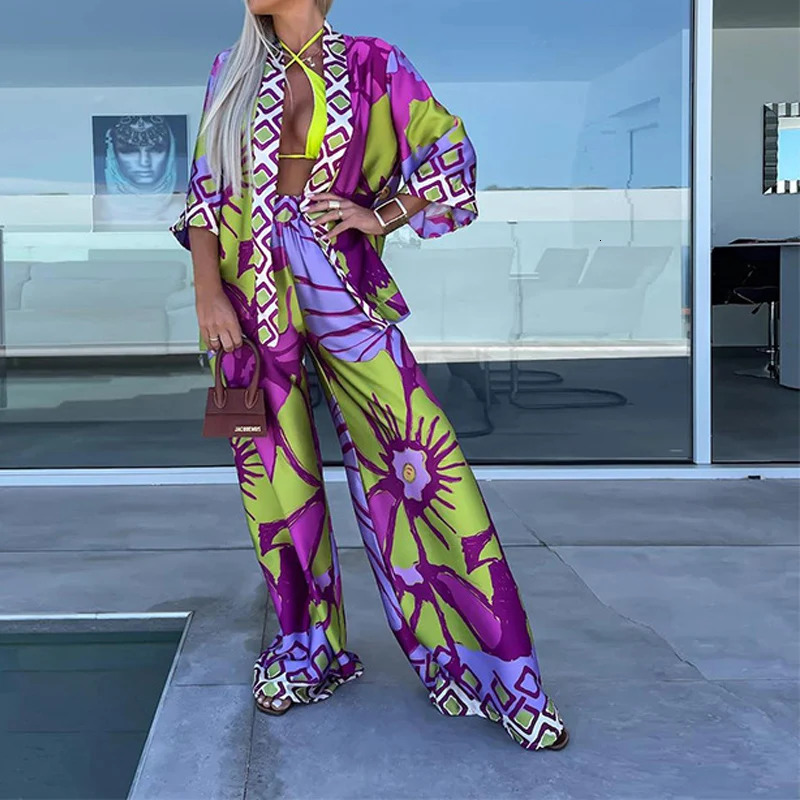 Fashion Casual Bohemia Print Loose Beach Set Spring Wide Leg Long Pants Suits Autumn Women QuarterSleeved Cardigan Shirt Outfit 250313