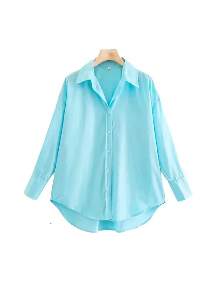 TRZA Women Fashion Office Wear Loose Poplin Solid Shirts Vintage Long Sleeve Button-up Casual Female Blouses Blusas Chic Tops 250310