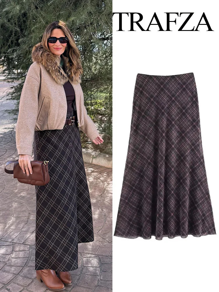 TRAFZA Women Spring Elegant High Waist Plaid Midi Skirt Versatile Pleated Woman Chic Casual Vintage Straight 250310