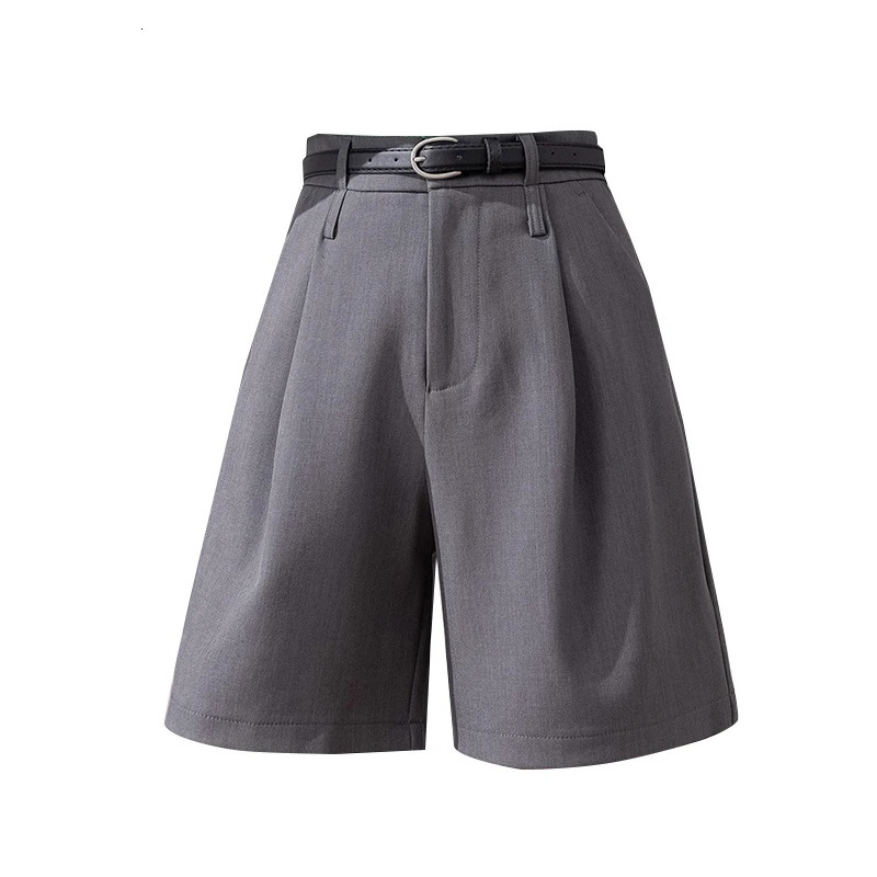 Casual streetwear Bermuda womens shorts high waist knee length womens shorts loose wide leg summer top gray khaki color 250312