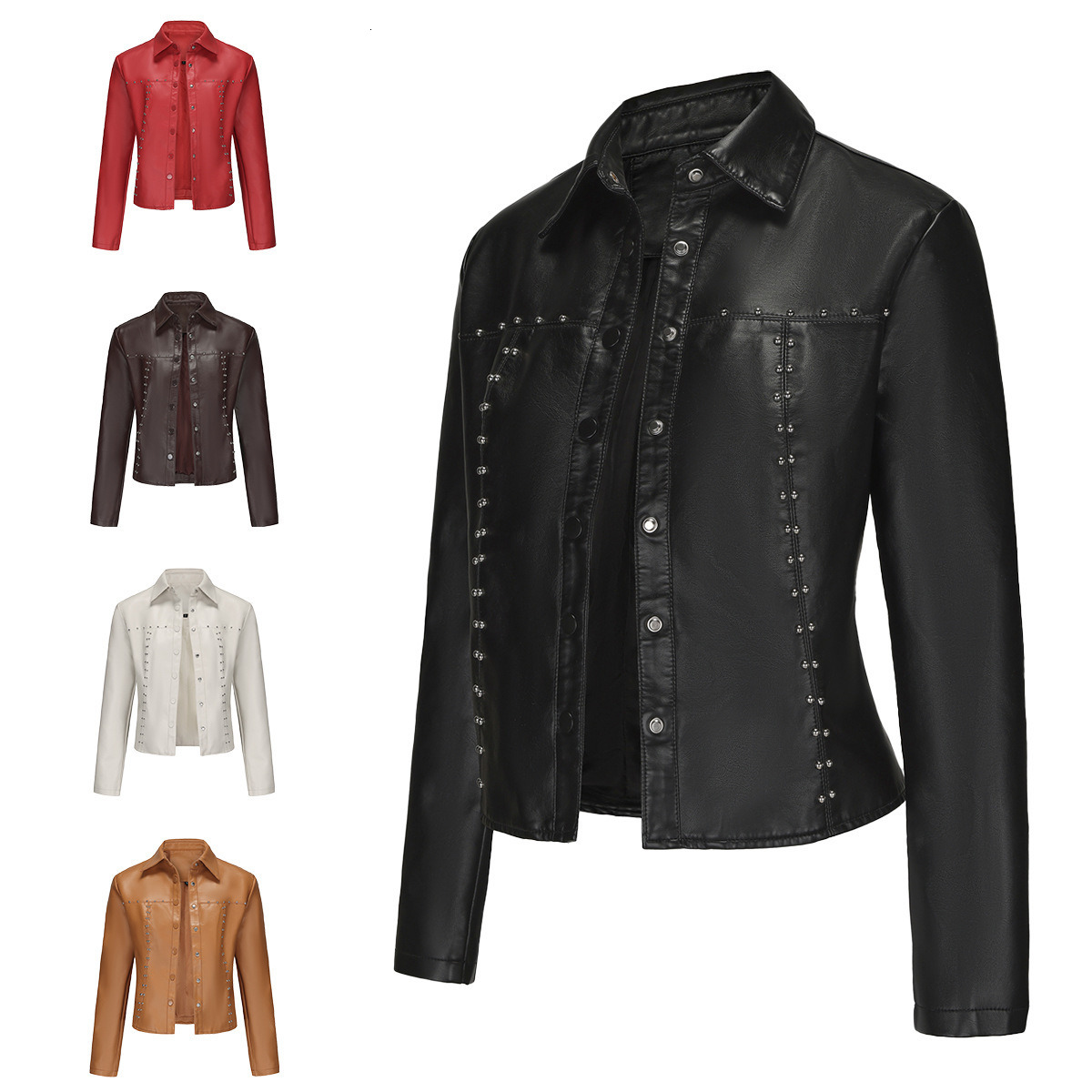 Fashion Spring and Autumn New Rivet Leather Jacket Cardigan Button Up Leather Jacket Fashion Trend Thin Coat Womens Clothing Join3