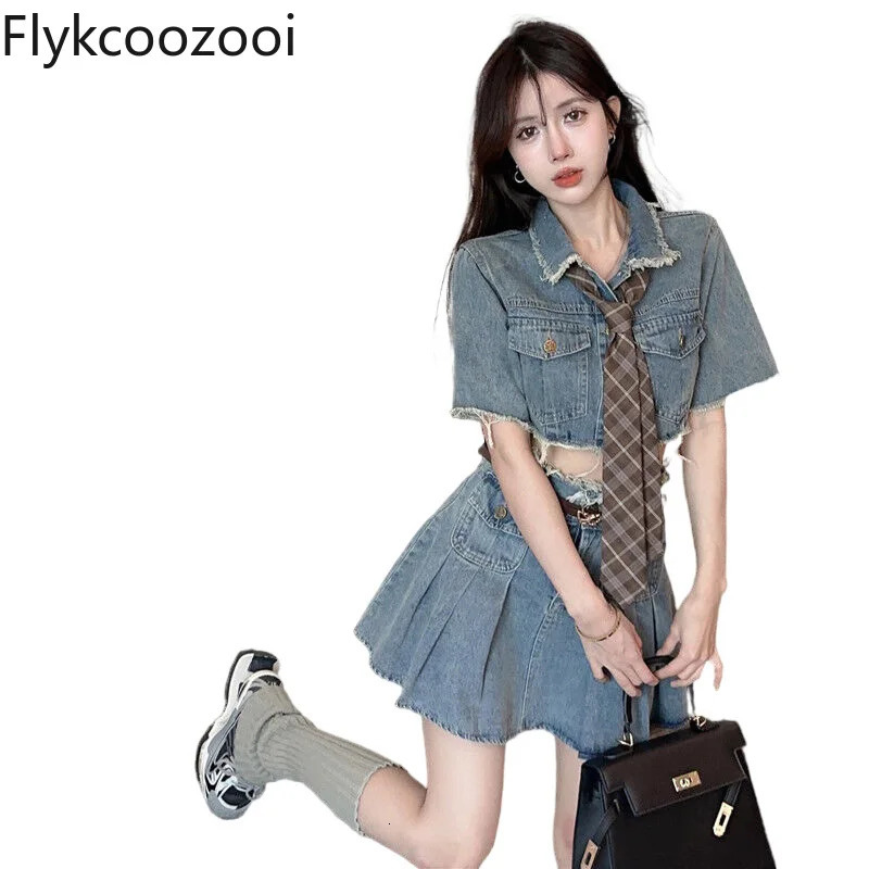 Summer Raw Edge Lapel Pure Slimfit Short Denim Coat Skirt Tie Fashion n Set Womens Elegant Clothing 250312