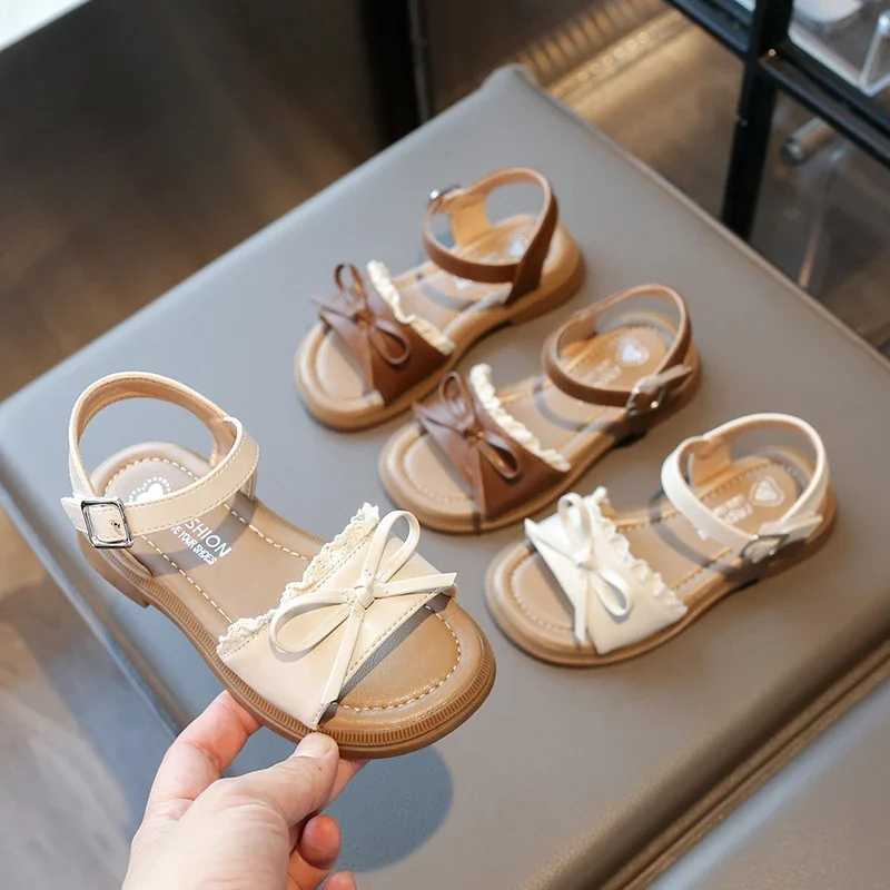 2025 Summer Little Girl Lace Sandals Korean Style New Sandal Beach for Children Fashion Bowknot Kids Causal Princess Flat SandalsT250315