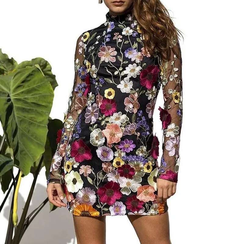 Embroidery Hip-Covering Slimming Gauze Lace Three-Dimensional Wer Slim Dresses Female O-Neck Long Sleeved Mini Dress