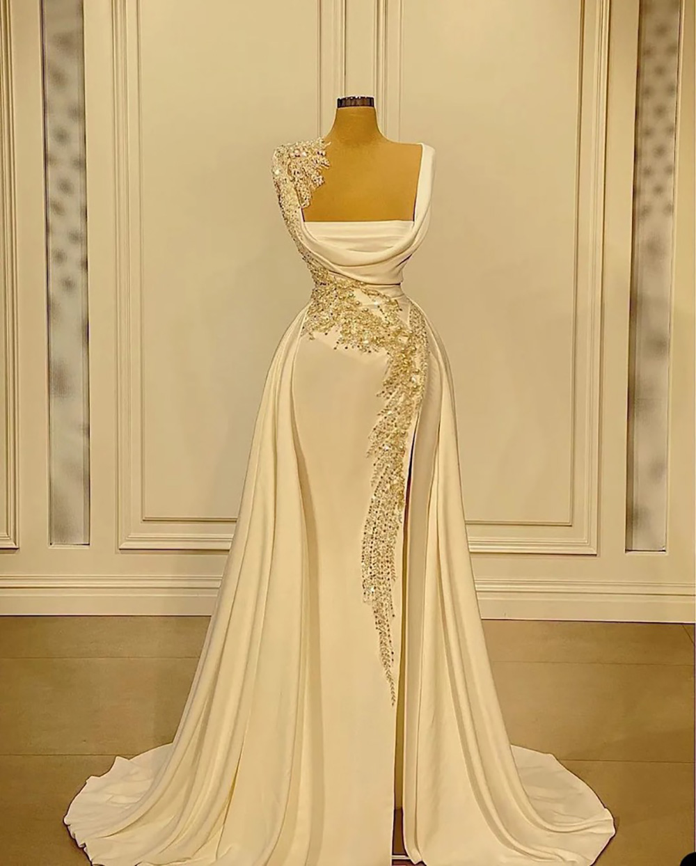 Prom Gown Evening Dresses Party Mermaid Sleeveless Crystal Applique Sequins Satin Plus Size Zipper Lace Up New Custom Square Pleat Ivory