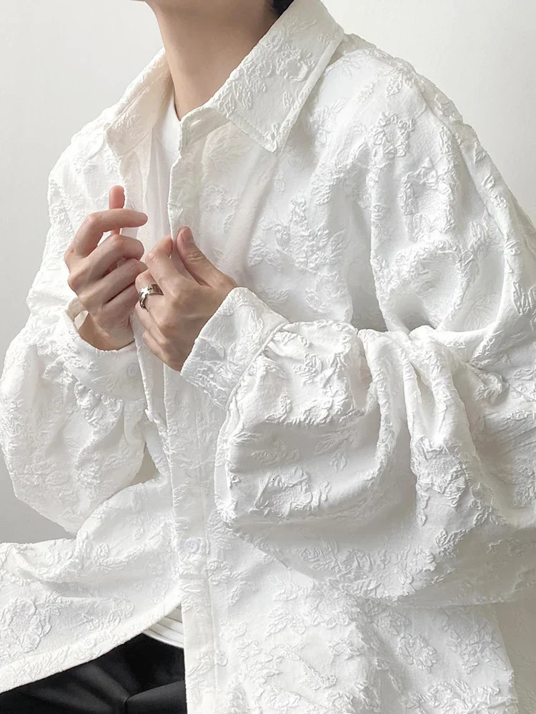 XITAO Crumpled Jacquard Shirt Loose Fashion Solid Color Casual Turn-down Collar Top All-match Bat Wing Sleeve WMD5191 250310