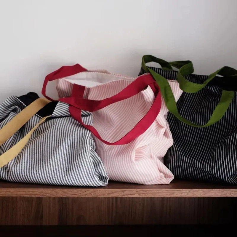 Practical Large-capacity Canvas Bag Double-layer Fashion Handbag Simple Striped Shoulder Bag Foldable Travel Tote Bags 250311