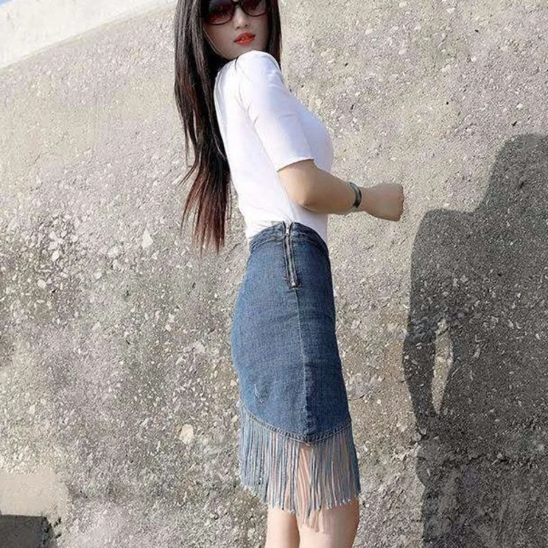 Denim leather pants Demin tassel irregular knee length womens buttocks spring summer vacation twopiece lined shorts 250310