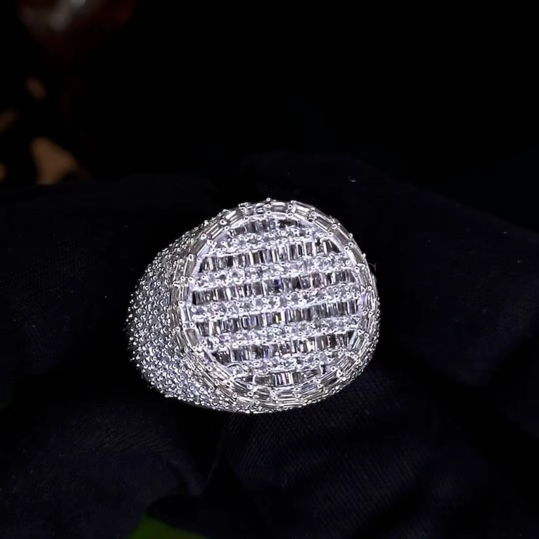 925 Sterling Silver Round Top Diamond Hip Hop Ring Bold Original Statement Jewelry Iced-Out Urban Bling for Men
