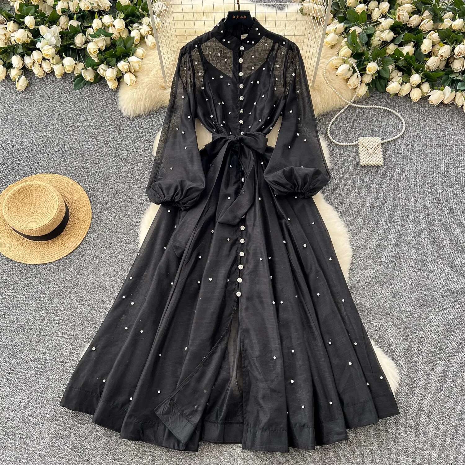 Elegant Beading Dia Mesh Prom Dress For Women Stand Collar Long Lantern Sleeve Single Breasted Belt Autumn Female Clothes
