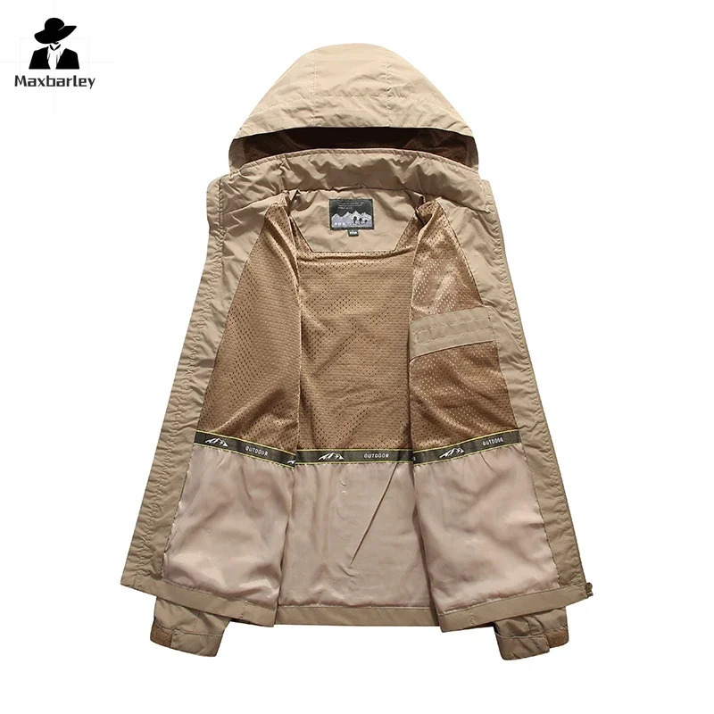 Spring mens waterproof jacket plus size windproof vest breathable fishing camping Gorpcore hooded clothing 250312