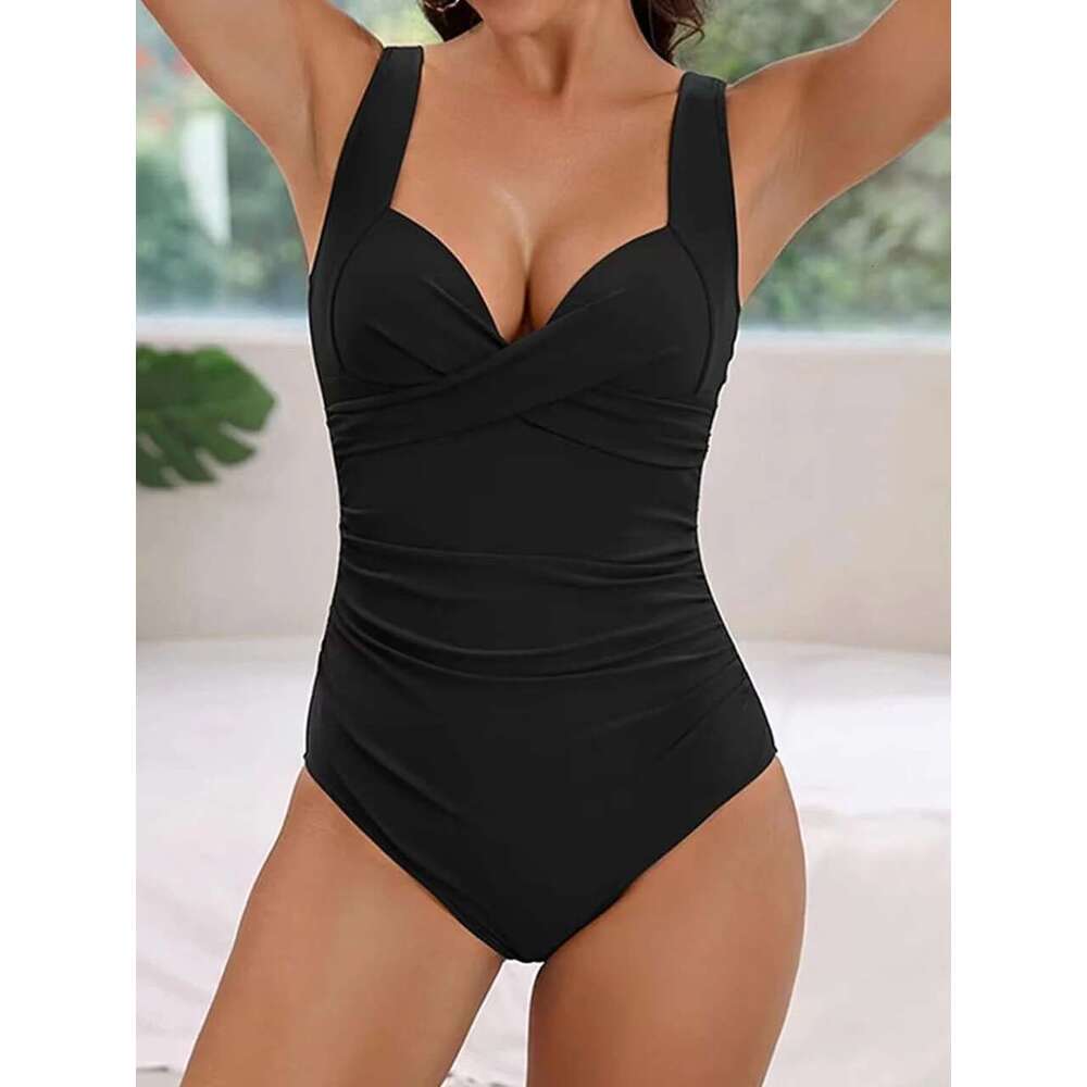 Women's plain pleated swimsuit, one-piece, solid color, beachwear, bather, summer jumpsuit, 2024