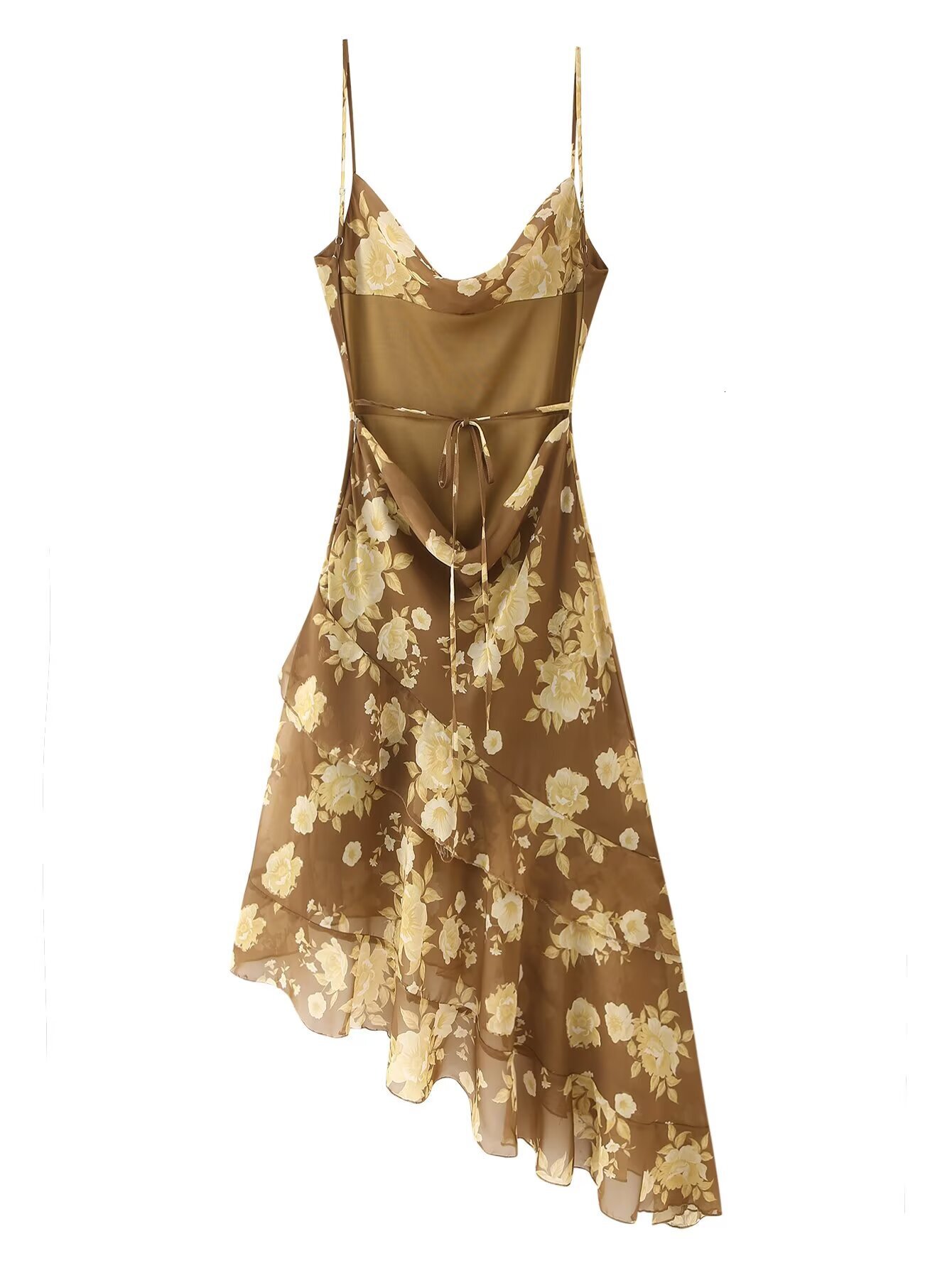 Double Layered Lotus Leaf Edge Chiffon Swing Collar Suspender Dress 2025 Summer New Style Sexy Slim Fit Mid Length Skirt
