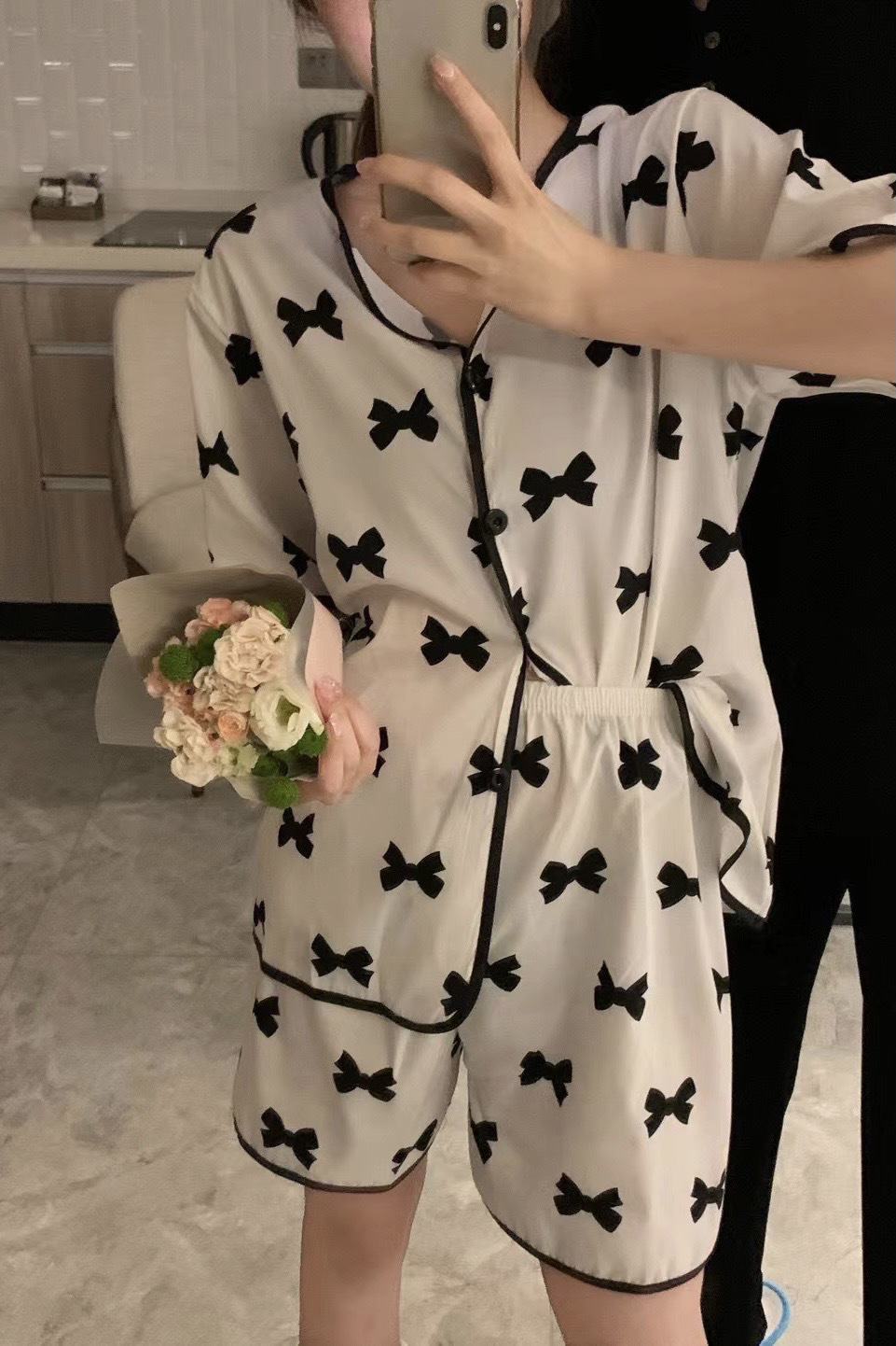 B782-Cute Bowknot House Clothes Short Sleeve Two-piece Thin Ice Silk Pajamas for Women