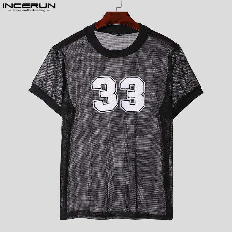 INCERUN Tops American Style Fashion Men Mesh Fabric Digit Printed Tshirt Casual Personality Oneck Short Sleeved Shirt S5XL 250312
