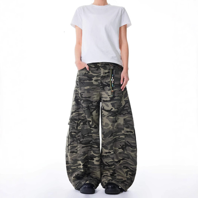 American Camouflage Work For Men And Women, Loose Wide Curved Jeans, Trendy Multi Pocket Straight Leg Long Pants