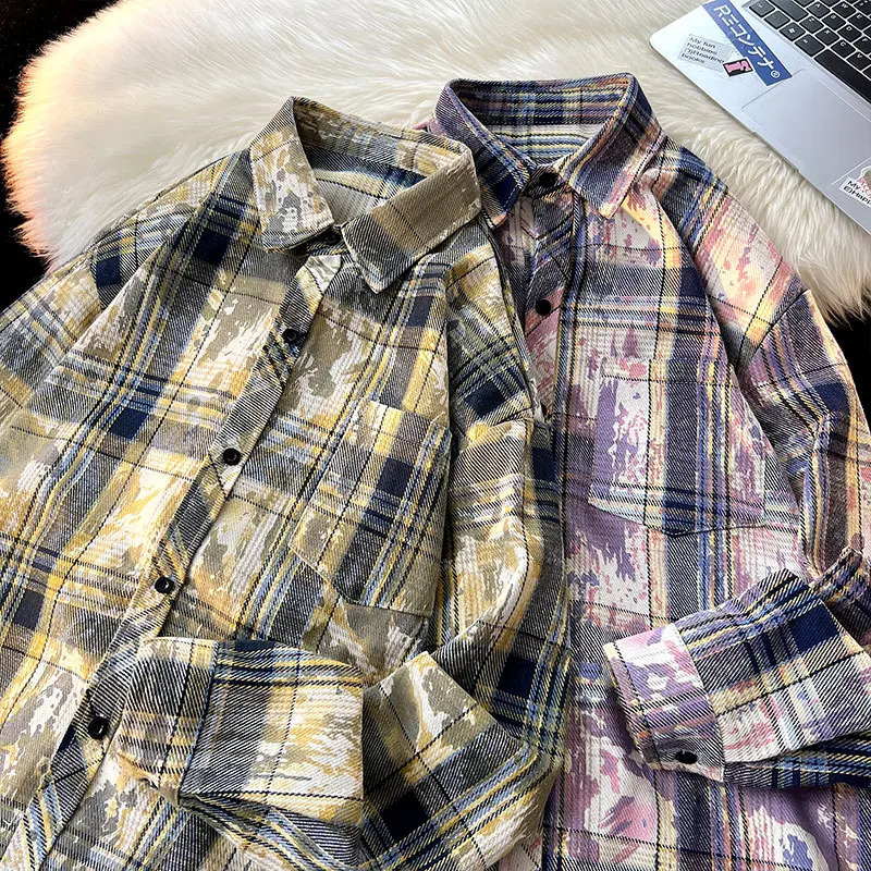 Korean style ink splatter plain weave shirt retro tie dye outdoor shirt autumn unisex mens long sleeved shirt 250314