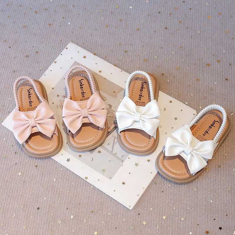 Summer girls sandals big bow pink beige Pu leather holiday childrens slider elastic band open casual comfortable childrens shoesT250315