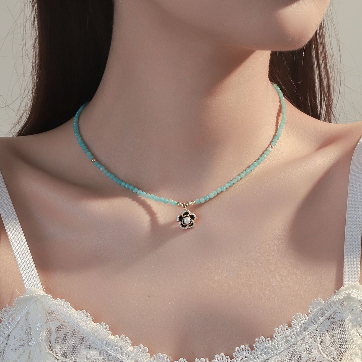 Necklace Women's Japanese-korean Style S925 Silver Niche Design Dopamine Color Crystal Beaded Necklace Simple Camellia Necklace