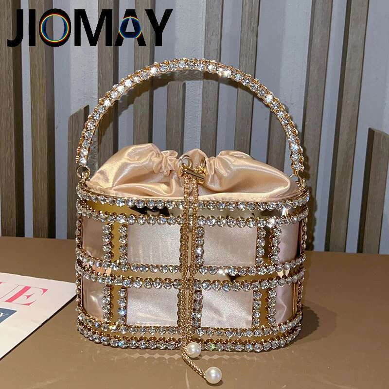 JIOMAY Women Ladies Evening Wedding Purse Rhie Clutch Designer Handbag Metal Bucket Tote Bag
