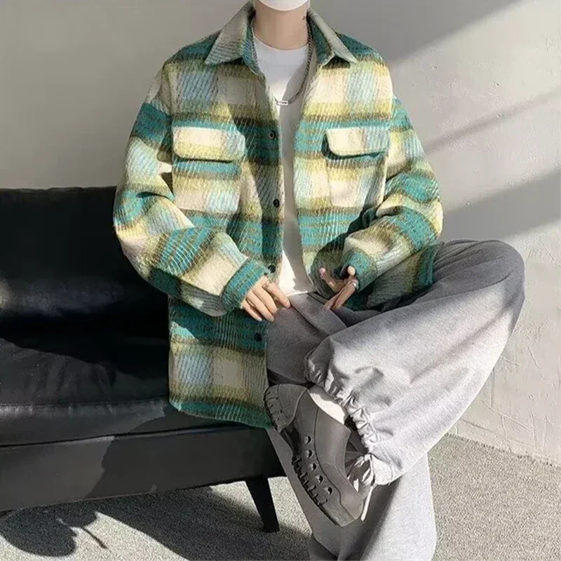 Spring Mens Singlebreasted Plaid Woolen Jackets Korean Fashion Y2K Vintage Coats Pockets Streetwear Shirts Jacket 250312