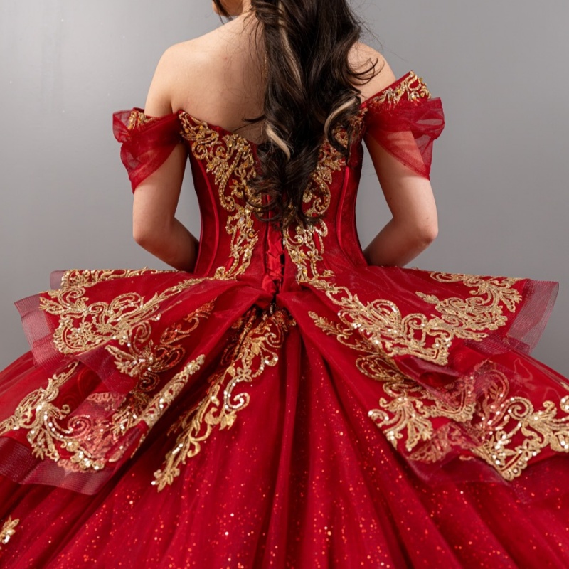 Red Shiny Off Shoulder Quinceanera Dresses Gold Applique Lace Beads Tull Corset Party Birthday Sweet 16 Dress Vestidos 15 de anos