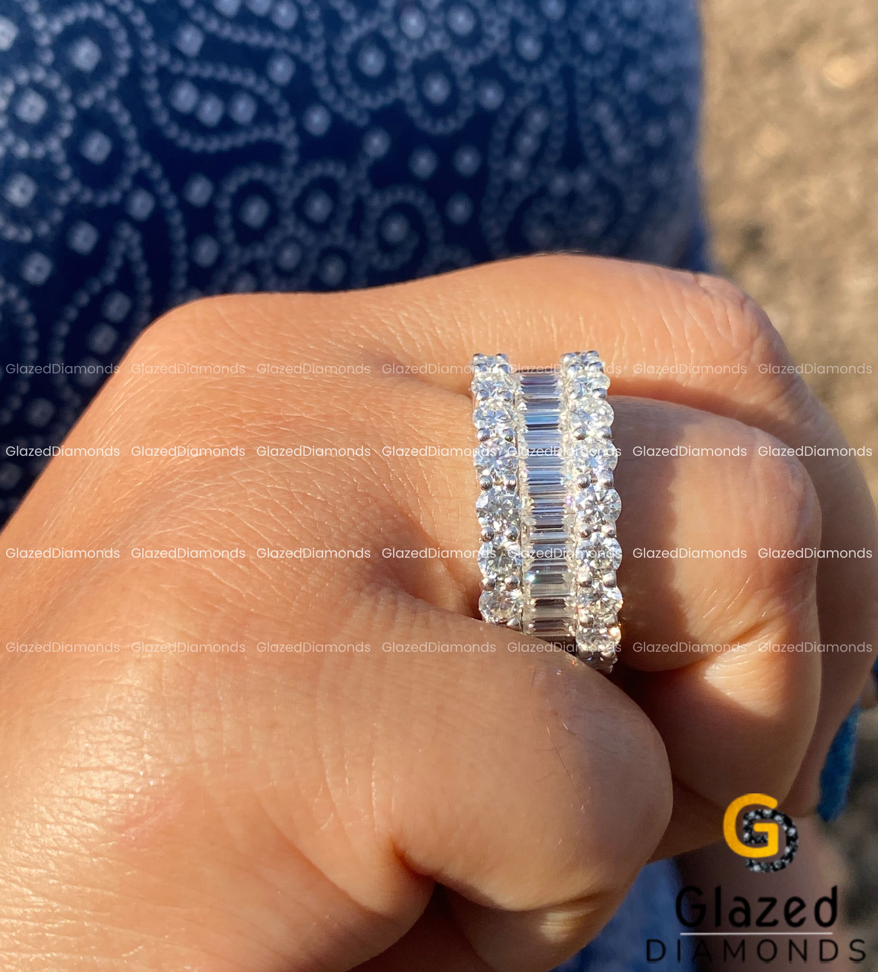 14KT White Gold Hip Hop Ring Fully Iced Out in Round and Baguette Cut Charm Moissanite Diamond With VVS Clarity Fashion for Men