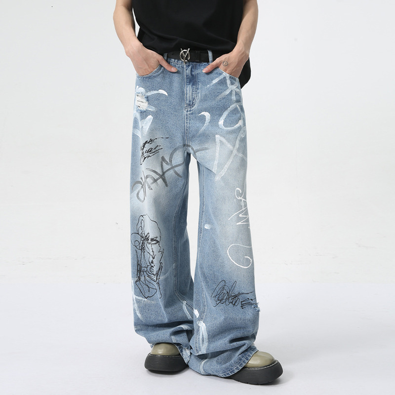 MTLCLOTHES Men's Wear | 2024 Summer New Product Beautiful Street Graffiti Fun Straight Tube Floor Mopping Jeans Trendy