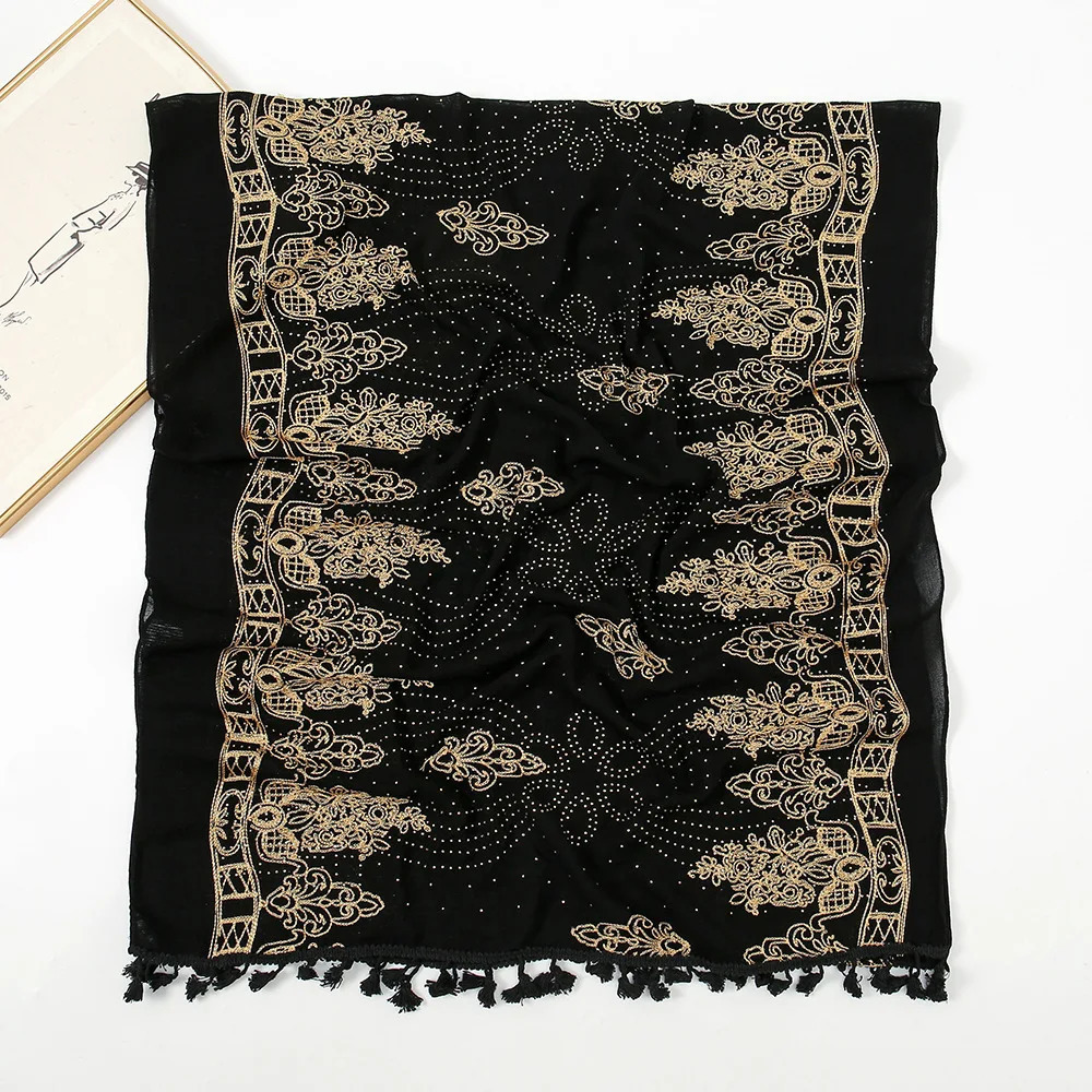 Aztec fashion bronze floral tassel diamond adhesive scarf printed soft thick shawl and wrapped Pashmina stolen Muslim headscarf 250314