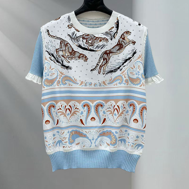 Women's Tiger Print Jacquard Knit T-Shirt Fashion Round Neck Lace Short Sleeve Top Blend Loose Y2K Trendy Sexy Early Spring Luxury Designer High-