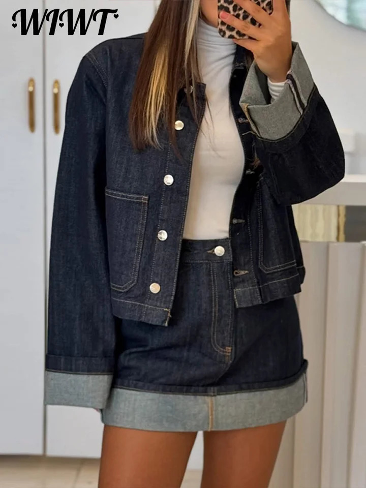 Street Denim Jacket Skirts Set Women Casual Lapel Single Breasted Long Sleeve Jackets Aline Mini Skirt Lady Outfits 250312