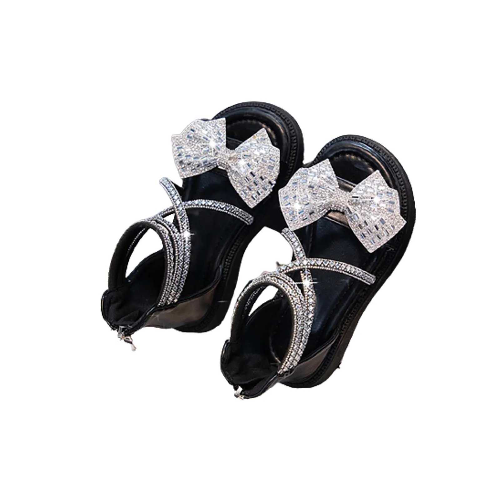 Summer new rubber sole lightweight breathable rhinestone bow girl beach sandals girl dress sandals size 12T250315