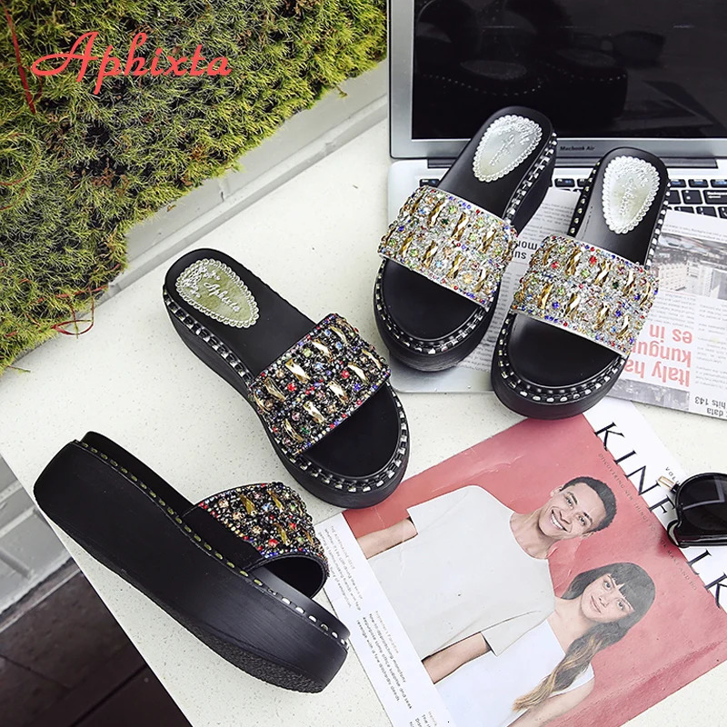 Aphixta Platform Rhinestone Sandals Slippers Women Gemstone Slides Women Shoes Wedge Slippers String Bead Beach Slides Shoes 250314