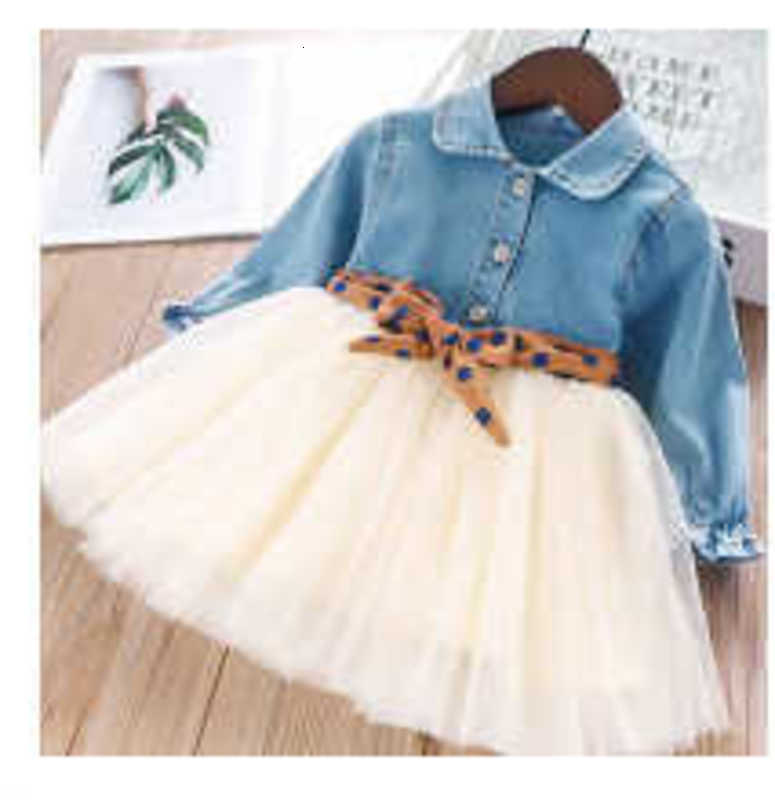 Girl's Dresses 2024 Spring and Autumn Korean version girls' denim dress, children's fashion long sleeved denim yarn skirt, polka dot be