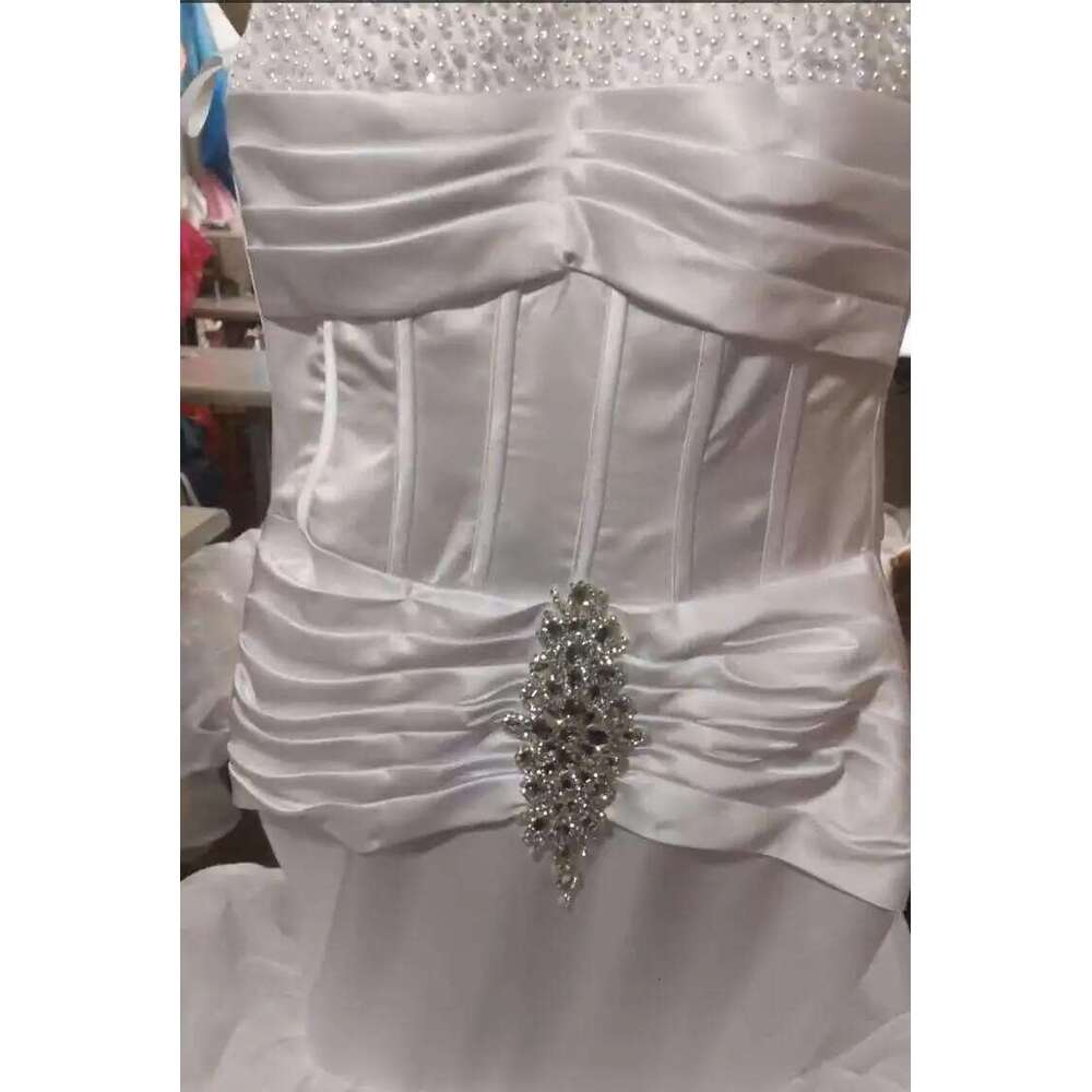 Custom bright v neckline crystals mermaid dresses organza pleated cascading ruffles wedding dress