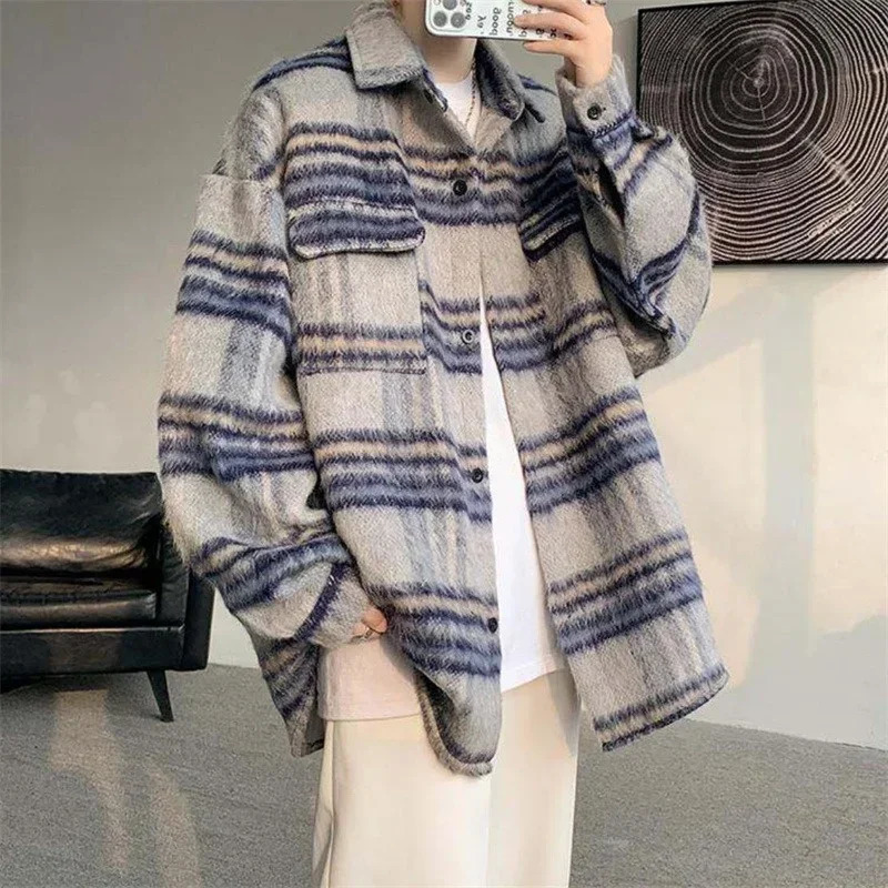 mens Y2K retro striped wool jacket patch work long sleeved plain weave open top high street freight shirt 250312