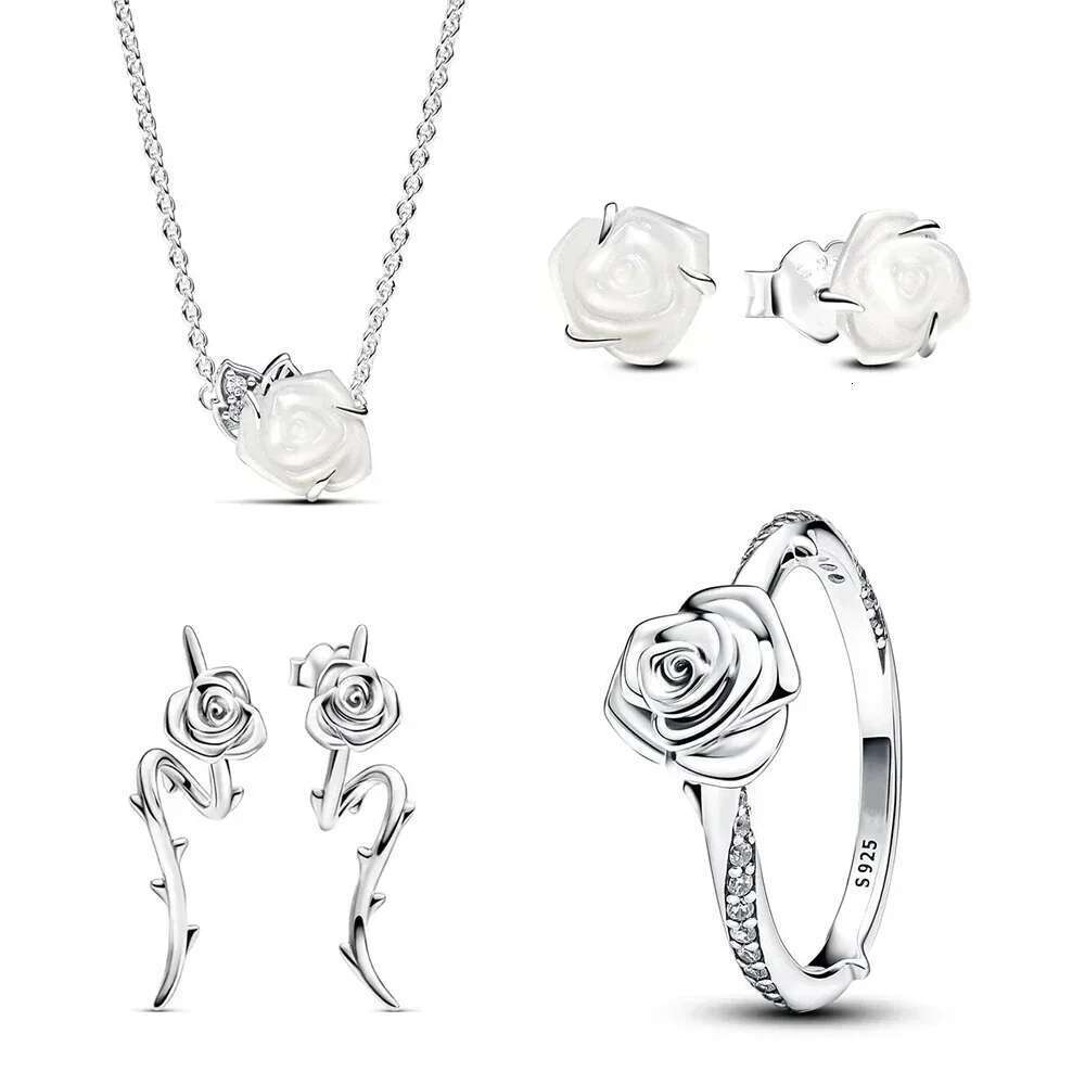 2024 New 925 Sterling Silver Mother Day Gifts White Rose In Bloom Collier Necklace Ring Stud Earrings Fit Women