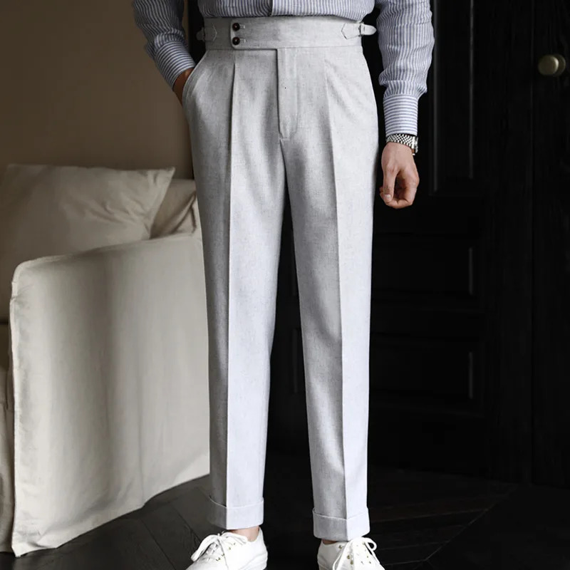 Italian mens formal pants Pantalones Hombre ankle British high waisted straight social Trousers 250313