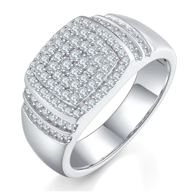 Moissanite Hip Hop Mens Thick Solid 925 Sterling Silver Ring with White Gold Plating